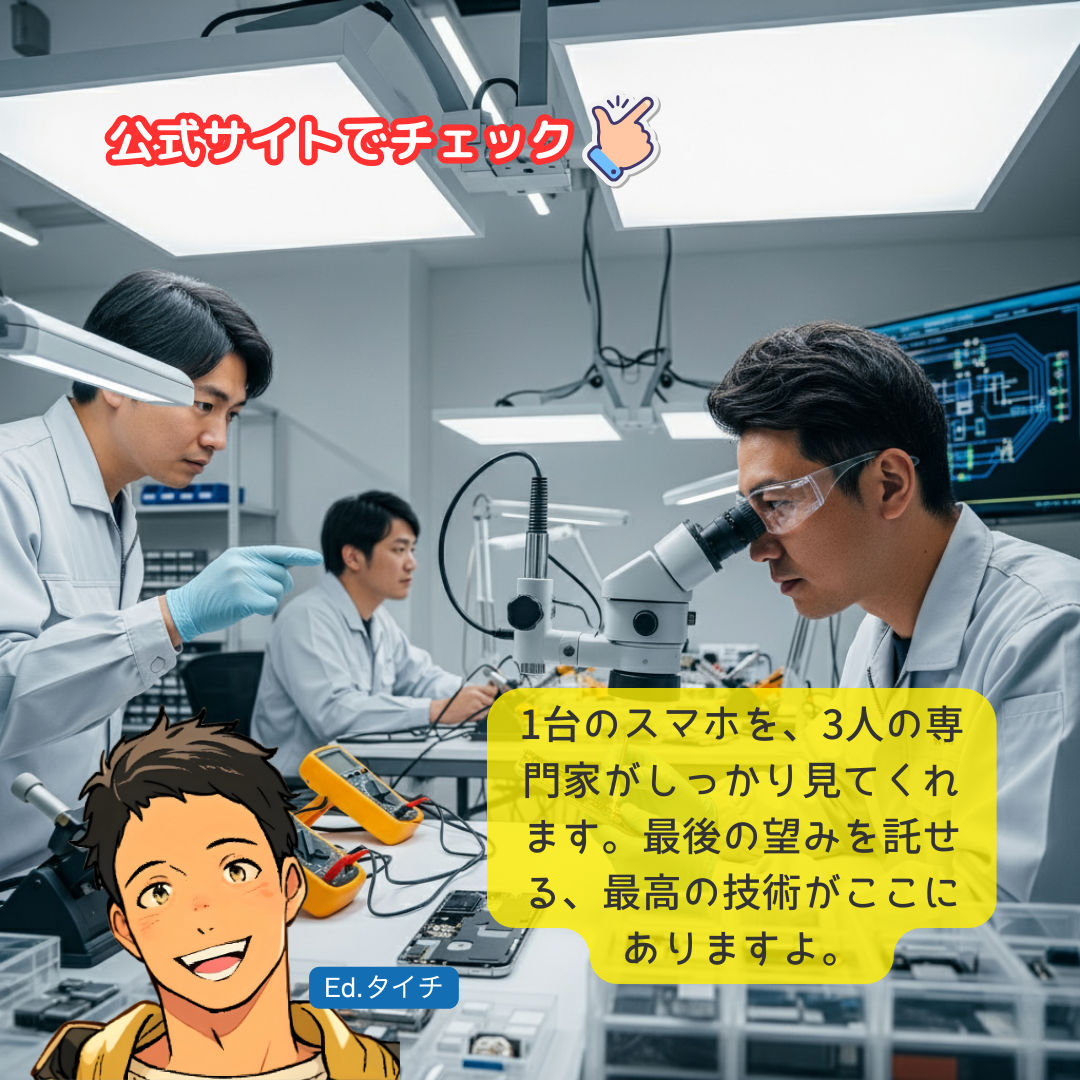 1台のスマホを、3人の専門家がしっかり見てくれます。最後の望みを託せる、最高の技術がここにありますよ。