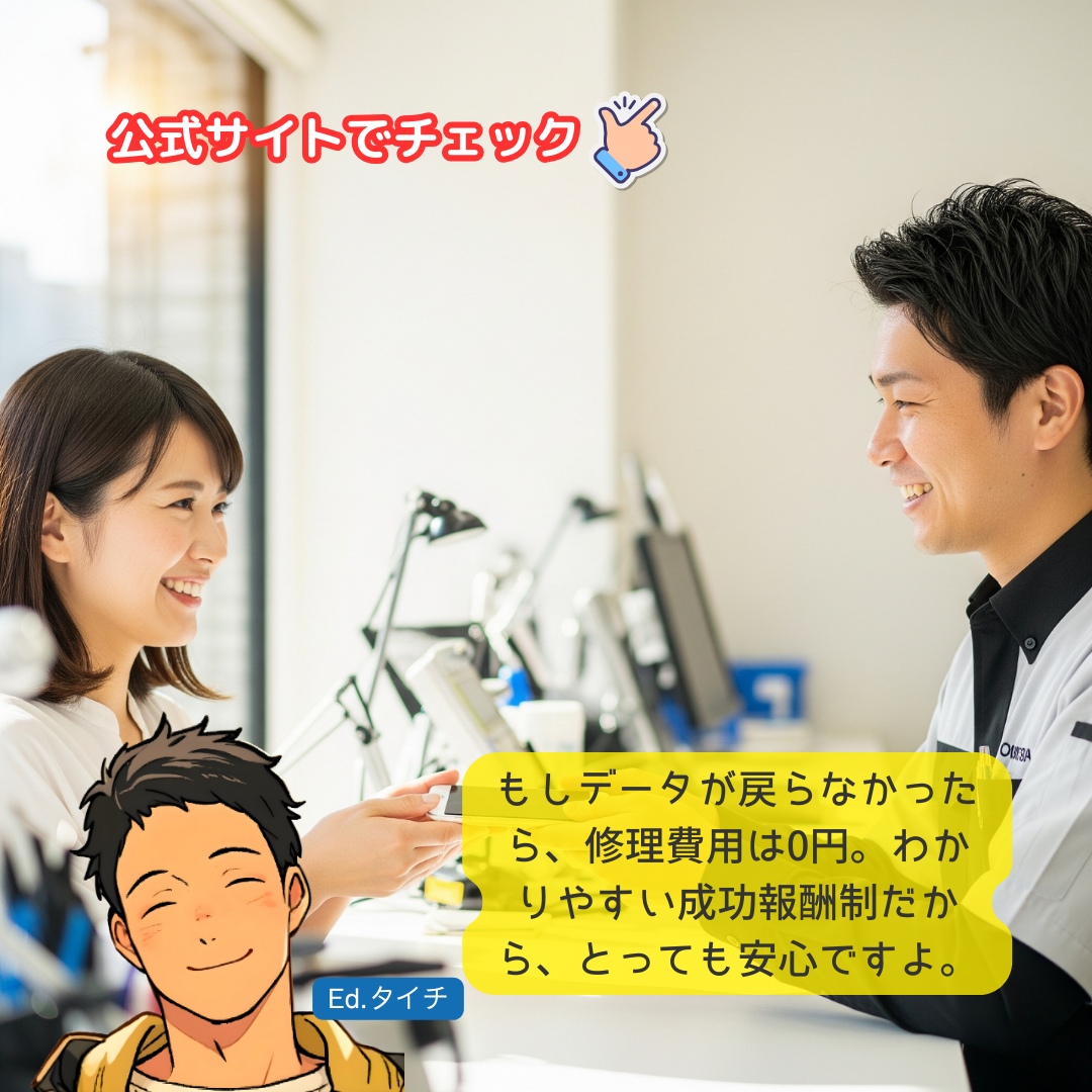もしデータが戻らなかったら、修理費用は0円。わかりやすい成功報酬制だから、とっても安心ですよ。