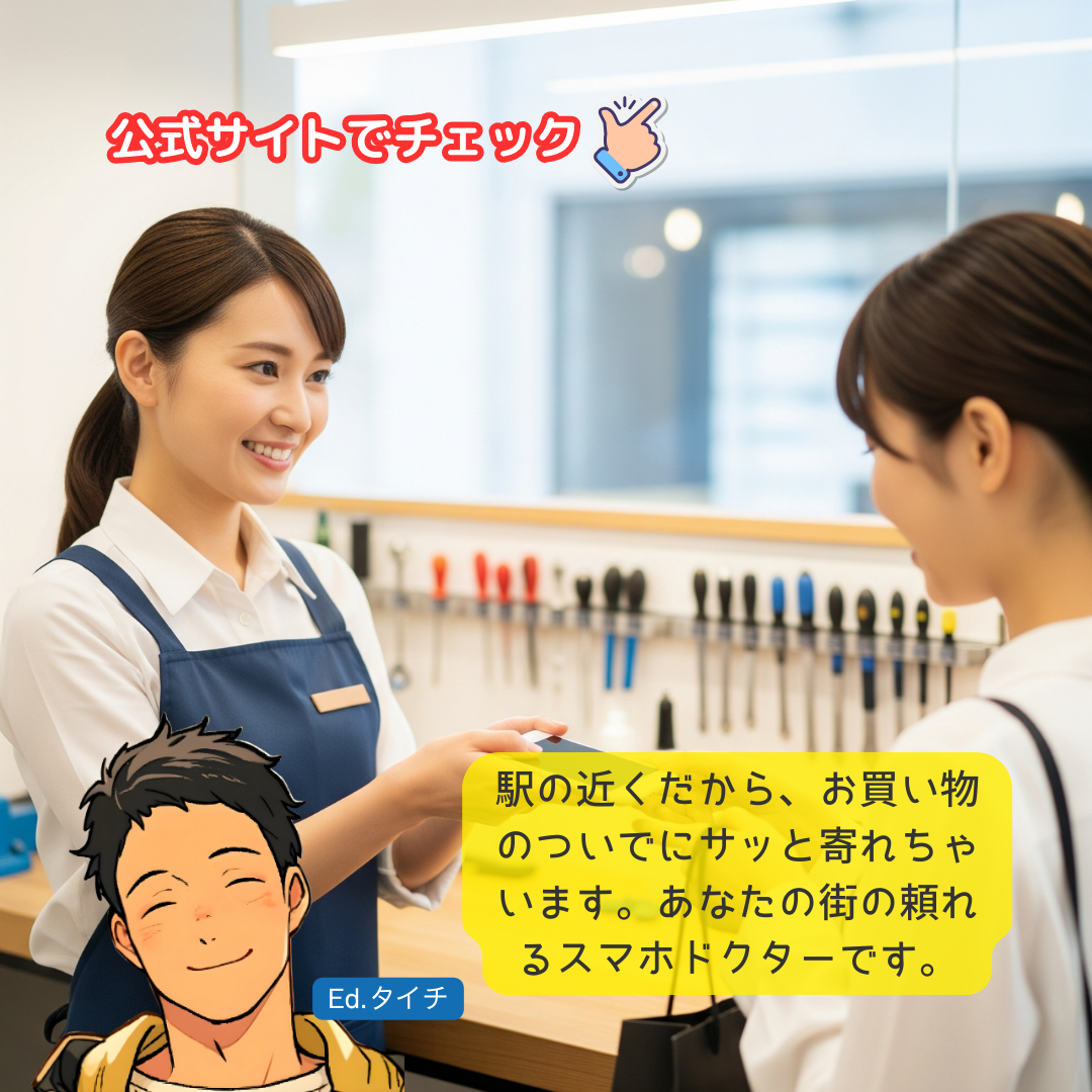 駅の近くだから、お買い物のついでにサッと寄れちゃいます。あなたの街の頼れるスマホドクターです。