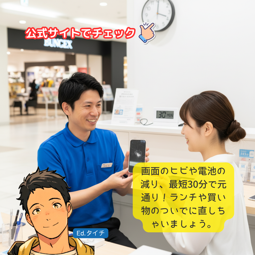 画面のヒビや電池の減り、最短30分で元通り！ランチや買い物のついでに直しちゃいましょう。