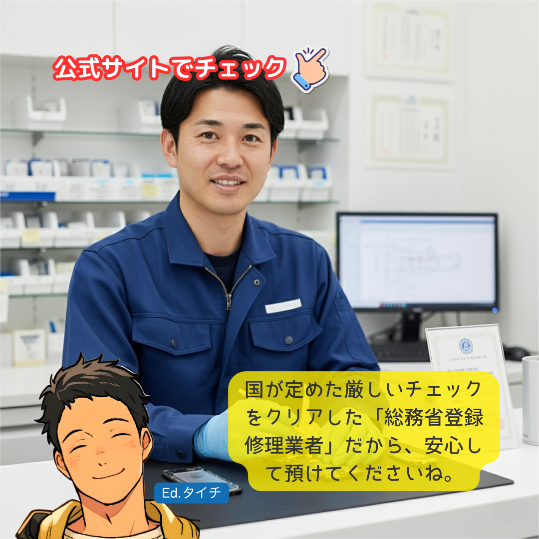 国が定めた厳しいチェックをクリアした「総務省登録修理業者」だから、安心して預けてくださいね。